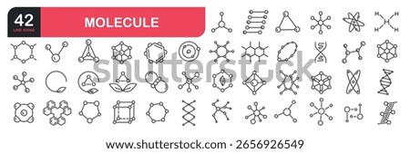 Set of line icons related to molecule structure, atom, scientific research, electron orbit, DNA chain, elements. Outline icons collection. Vector illustration