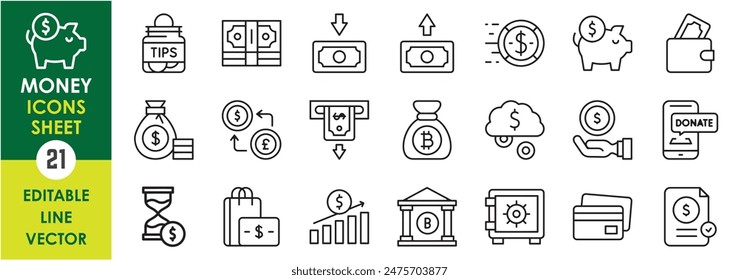 A set of line icons related to money and currency. Money, currency convert, donation, earning, shopping, tips, time, safe, bank and so on. Vector outline icons set.