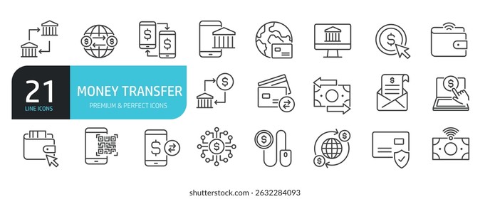 Set of line icons related to money transfer, payment, banking. Outline icons collection. Vector illustration stock illustration