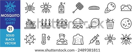 A set of line icons related to mosquito. Bug, insect, parasite, bush, virus, fever, dengue, malaria, prevention, rainy season, rashes, waste, swamp, bat, and so on. Vector outline icons set.