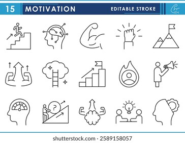 A set of line icons related to Motivation. Speech, motivate, encourage, empowerment, goal, success, target, focus, and so on. Vector editable stroke.