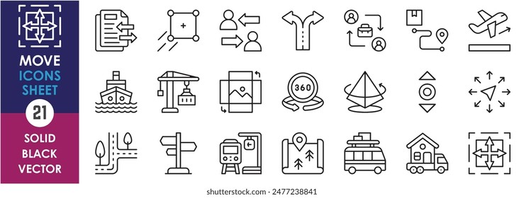 A set of line icons related to move and movement. Move, shift, travel, road, switch, deliver, rotate, direction and so on. Vector outline icons set.