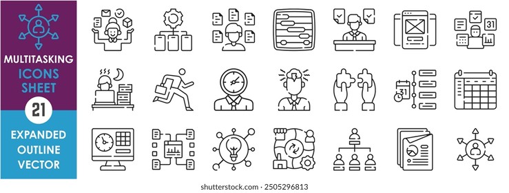 A set of line icons related to Multitasking. Task, job, multi-talent, skills, works, time, schedule, busy, tired, calendar, office, idea, and so on. Vector outline icons set.