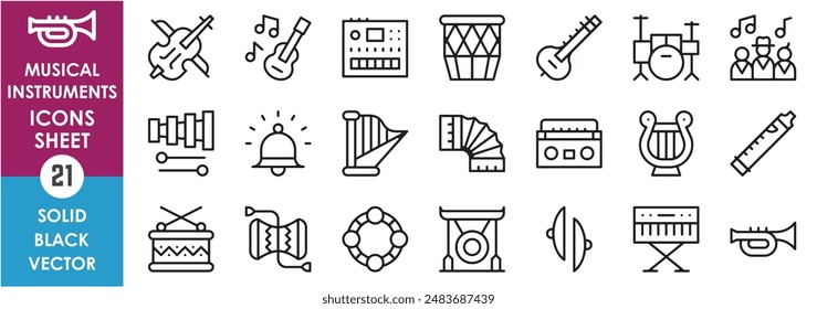 A set of line icons related to musical instruments. Music, flute, piano, vibraphone, violin, drum set, guitar, bell and so on. Vector outline icons set.