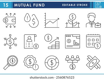 A set of line icons related to Mutual Fund. Invest, growth, liquidity, manager, return, growth fund, portfolio, SIP, NAV, and so on. Vector editable stroke.