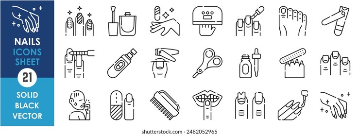 A set of line icons related to nail. Nail, clippers, biting, pets, brush, cutting, polishing and so on. Vector outline icons set.