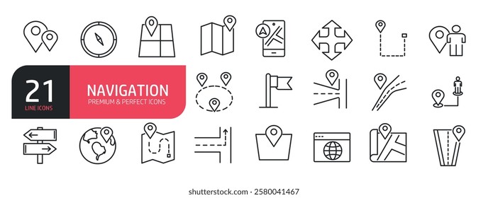 Set of line icons related to navigation, map, compass, famous place, location. Outline icons collection. Vector illustration.