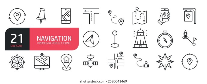 Set of line icons related to navigation, map, compass, famous place, location. Outline icons collection. Vector illustration.