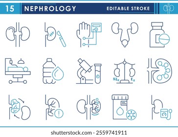 A set of line icons related to Nephrology. Kidney, Dialysis, Kidney Stones, Transplant, Proteinuria Test, Urinalysis, Infection, Hydration, and so on. Vector editable stroke.