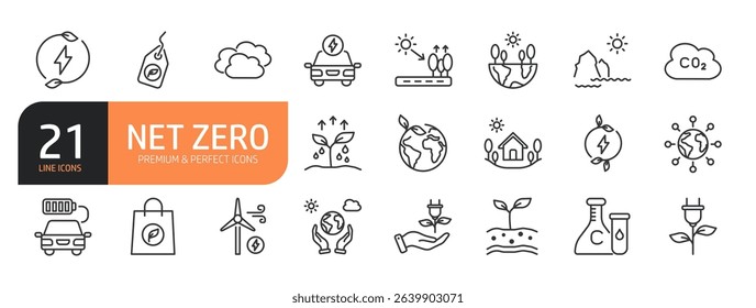 Set of line icons related to Net zero, emissions Green energy, CO2 neutral, gas emissions, climate, ecology and more. Outline icons collection. Vector illustration.