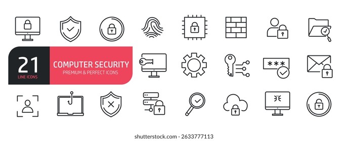 Set of line icons related to network security, encryption, accessibility, password, shield. Outline icons collection. Vector illustration.