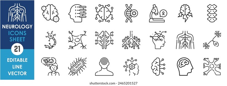 A set of line icons related to neurology. Brain, intelligence, nerves, nervous system, information, spine and so on. Vector outline icons set.