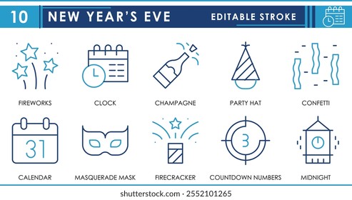 A set of line icons related to New Year’s Eve. Fireworks, clock, champagne, party hat, confetti, calendar, midnight, and so on. Vector editable stroke.