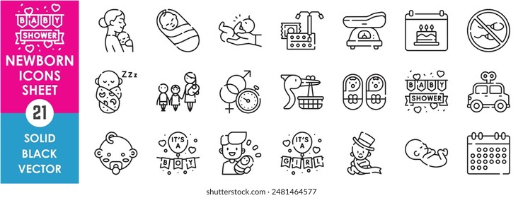 A set of line icons related to newborn and baby. Baby shower, mother, infant, weigh, birth control, father, boy, girl, parents and so on. Vector outline icons set.