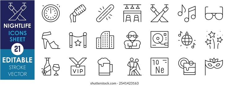 A set of line icons related to Nightlife. Clock, bar, cocktail, dance, neon, music, pub, VIP, city, and so on. Vector editable stroke.