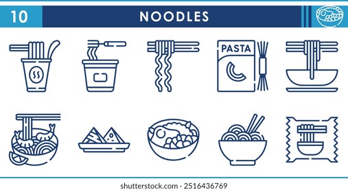 A set of line icons related to Noodles. Pasta, noodle, Chinese, taste, bowl, cup, and so on. Vector outline icons set.