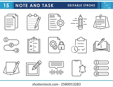 A set of line icons related to Note and Task. Notes, sticky notes, to do list, pencil, notification, creative, voice notes, and so on. Vector editable stroke.