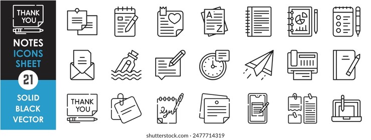 A set of line icons related to notes and messages. Notes, messages, paper, paperclips, bill, official letters, love letter and so on. Vector outline icons set.