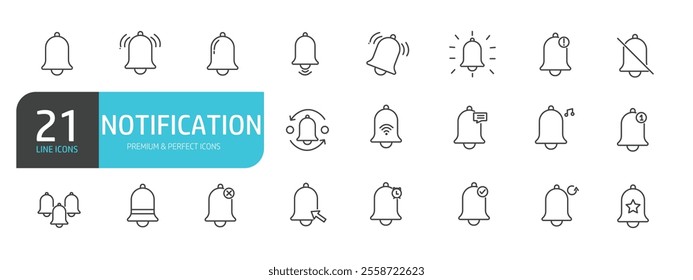 Set of line icons related to Notification, ring, bells . Outline icons collection.  Vector illustration. 