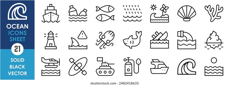 A set of line icons related to ocean. Sea, flora and fauna, ship, cruise, tsunami, sunset, coral, iceberg, submarine and so on. Vector outline icons set.