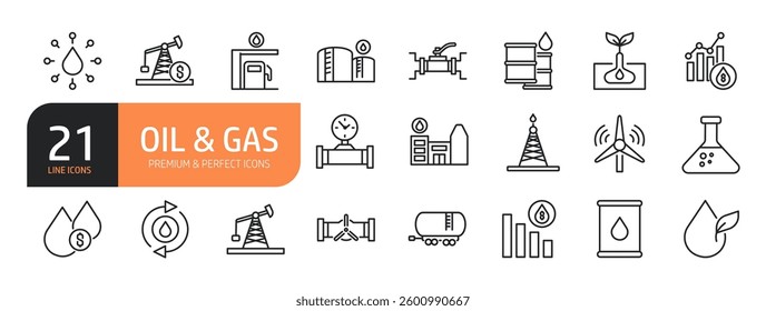 Set of line icons related to oil, petroleum industry, oil tank, fire, refinery, petrol station, profit growth and more. Outline icons collection.Vector illustration.