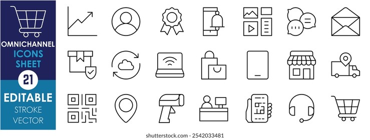 A set of line icons related to Omnichannel. User, shopping, customer care, delivery, scan, package, storefront, social media, and so on. Vector editable stroke.