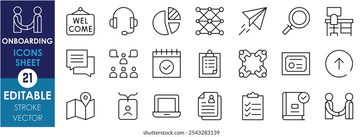 A set of line icons related to Onboarding. Welcome, chat, map, desk service, pie chart, paper plane, presentation, certificate, checklist, and so on. Vector editable stroke.