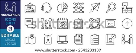 A set of line icons related to Onboarding. Welcome, chat, map, desk service, pie chart, paper plane, presentation, certificate, checklist, and so on. Vector editable stroke.