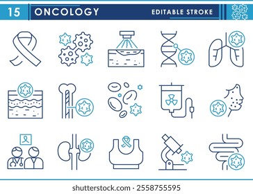 A set of line icons related to Oncology. Cancer, treatment, lungs, kidney, skin, doctor, bone marrow, breast, microscope, chemotherapy, and so on. Vector editable stroke.