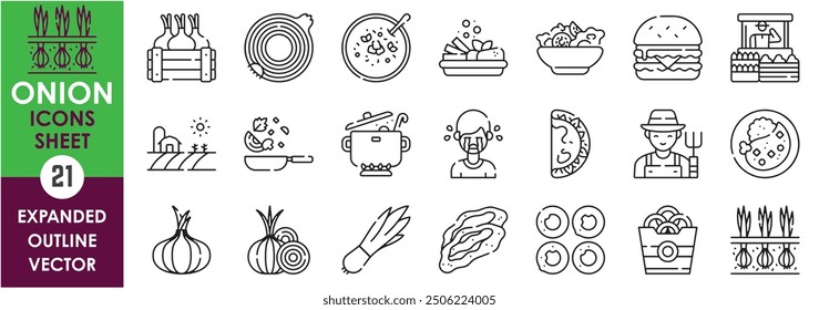 A set of line icons related to Onion. Onion, fry, rings, vegetable, vegan, grocery, farm, harvest, cry, crisp, salad, burger, soup, and so on. Vector outline icons set.