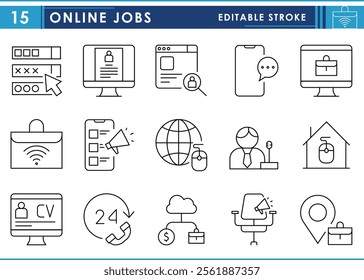 A set of line icons related to Online jobs. Freelancer, options, CV, hire, home, network, worldwide, earning, passive income, vacancy, call center, and so on. Vector editable stroke.