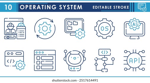 Conjunto de iconos de línea relacionados con el sistema operativo. Sistema operativo, robot, programación, código, software, dispositivo, administrado, aplicaciones, etc. Vector de trazo editable.