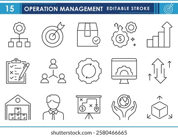 A set of line icons related to Operation Management. Business, task, manager, growth, income, task, workflow, target, expand, and so on. Vector editable stroke.