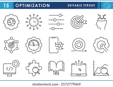 A set of line icons related to optimization. Optimize, upgrade, intelligence, target, smart, overall, setup, and so on. Vector editable stroke.