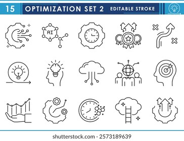 A set of line icons related to Optimization. Gear, setup, mindful, intelligence, way, goals, innovation, and so on. Vector editable stroke.