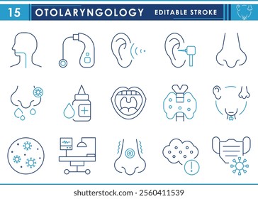 A set of line icons related to Otolaryngology. Nose, ear, throat, hearing, sinuses, tonsils, infection, tinnitus, larynx, and so on. Vector editable stroke.