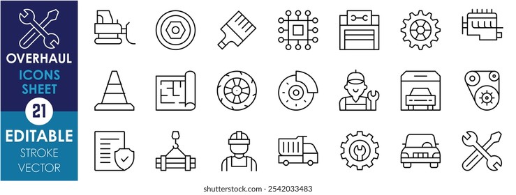 A set of line icons related to Overhaul. Repair, bulldozer, mechanic, engine, wrench, gear, heavy, garage, wheel, and so on. Vector editable stroke.