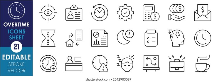 Um conjunto de ícones de linha relacionados a Horas Extras. Alvo, negócio, identidade, dinheiro, tempo, mais, noite, estressante, café, dor de cabeça, taxas, ganhos e assim por diante. Traçado editável de vetor.