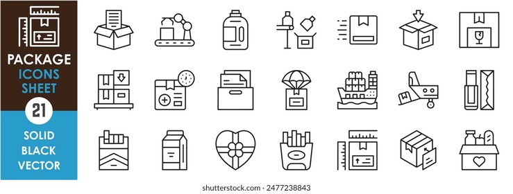 A set of line icons related to packages. Packet, package, box, deliver, shipping, cargo, industry, production and so on. Vector outline icons set.