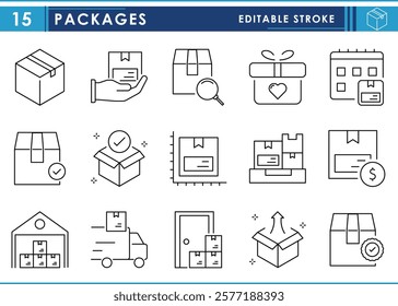 A set of line icons related to Packages. Package, gift, delivery, verified, goods, money, warehouse, and so on. Vector editable stroke.