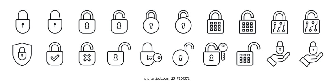 Set of line icons related padlock, security, protection, safe. 500x500px Perfect pixel on transparent background