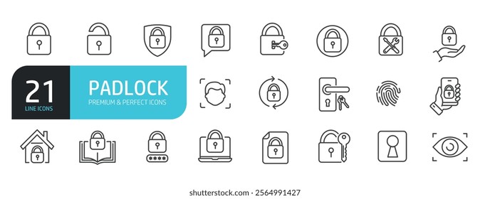 Set of line icons related to padlock, security, lock, key, protection. Outline icons collection. Vector illustration.