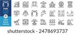 A set of line icons related to park. Amusement park, water park, swing, ticket, fountain, skate, fun, train, and so on. Vector outline icons set.