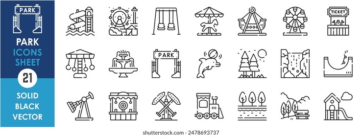 Conjunto de iconos de línea relacionados con el parque. Parque de atracciones, parque acuático, columpio, boleto, fuente, patín, diversión, tren, y así sucesivamente. Conjunto de iconos de contorno de Vector.