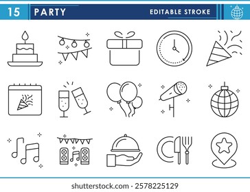 A set of line icons related to Party. Cake, gift, clock, fireworks, drinks, enjoy, music, food, and so on. Vector editable stroke.