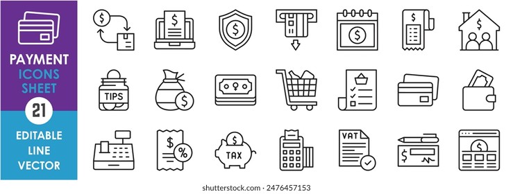 Eine Reihe von Zeilensymbolen für die Zahlung. Bezahlen, Bargeld, Münze, Geld, Umtausch, kaufen, Warenkorb, Geldbörse, Zeitplan, Einkaufen, Miete und so weiter. Vektorgrafik-Gliederungssymbole festgelegt.