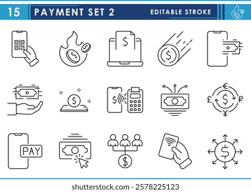 A set of line icons related to Payment. Pay, digital, cardless, QR, document, currency, and so on. Vector editable stroke.