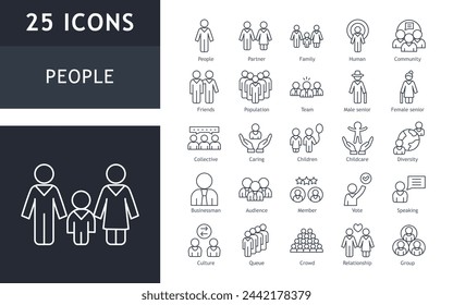 Set of line icons related to people, group, family, human, team, community, friends, population and senior icons. Outline icon collection.