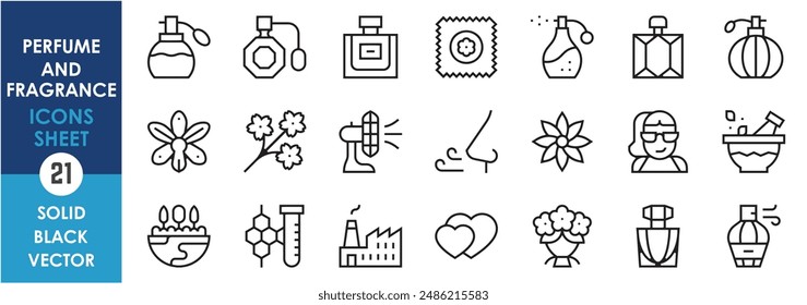 A set of line icons related to perfume and fragrance. Perfume, smell, good, flower, natural, beauty, herbal, chemical, bottle, celebrity and so on. Vector outline icons set.