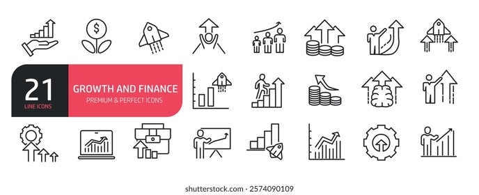 Set of line icons related to personal growth, revenue growth, rocket launch, presentation, computer graphic. Outline icons collection. Vector illustration.